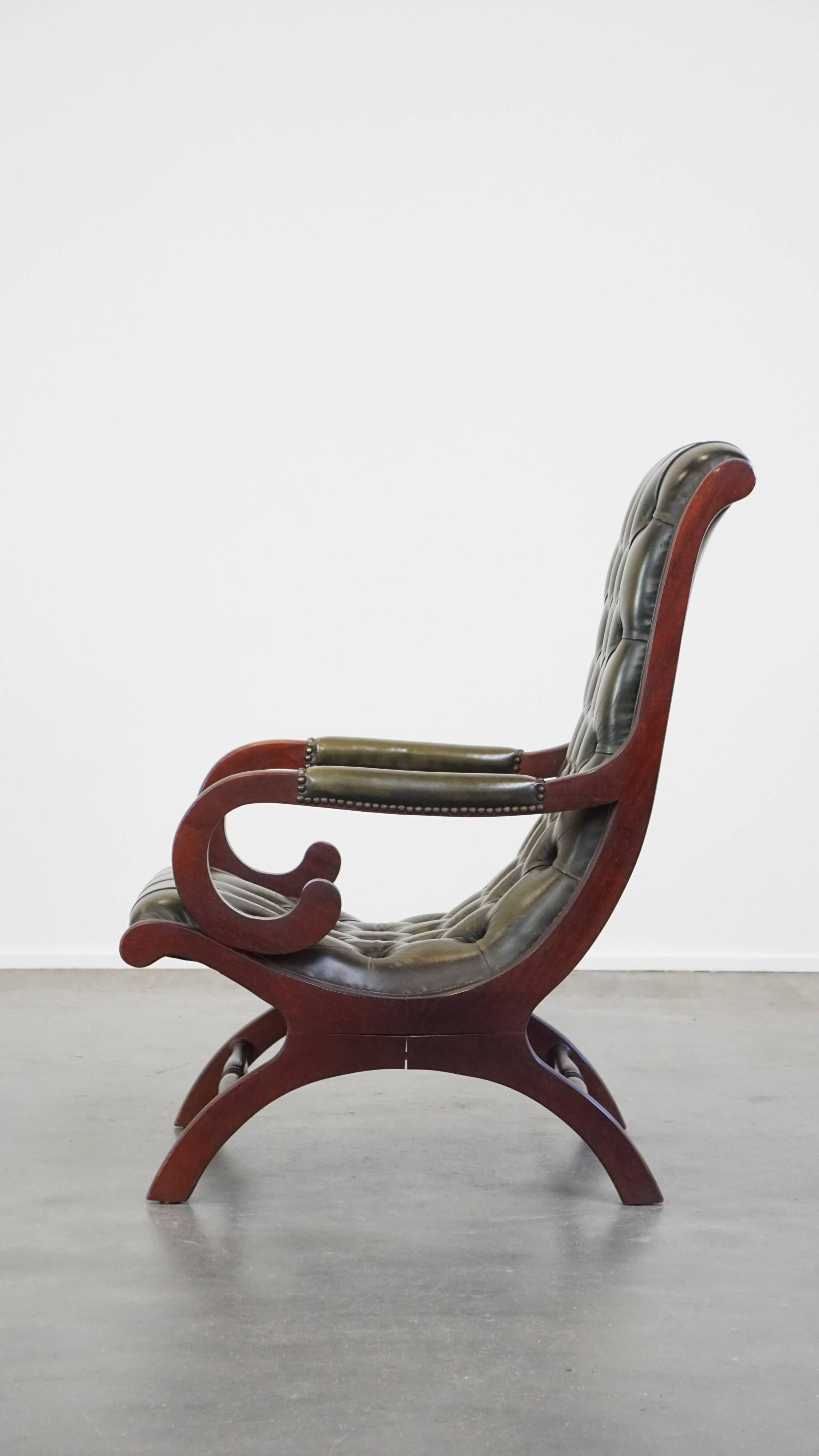 Green cow leather chesterfield armchair combined with wood