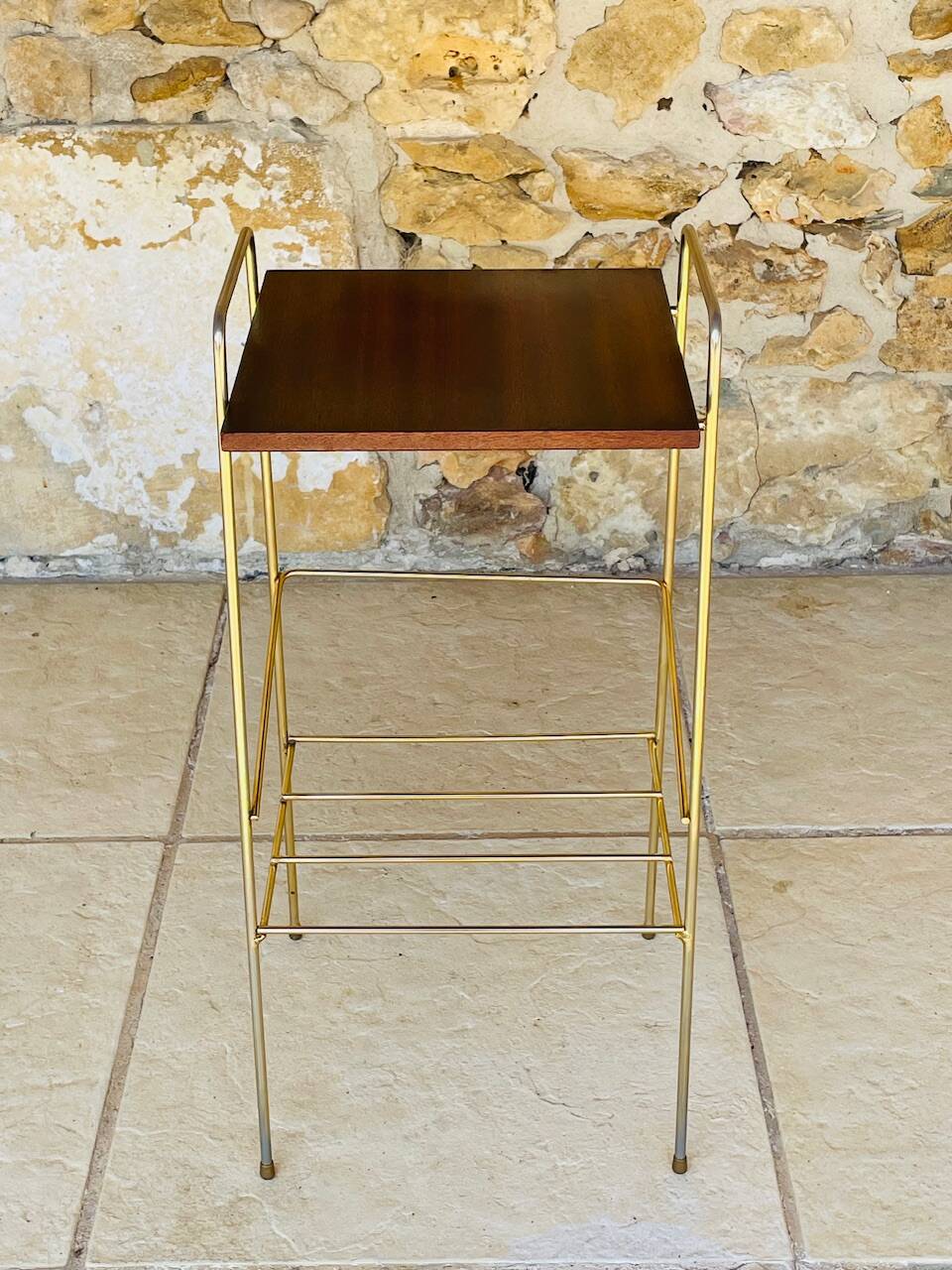 Vintage side table, 2 wooden and brass shelves, circa 1960s
