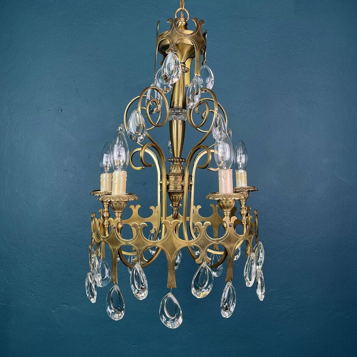 Vintage Chandelier with Crystal Drops, Italy, 1960s