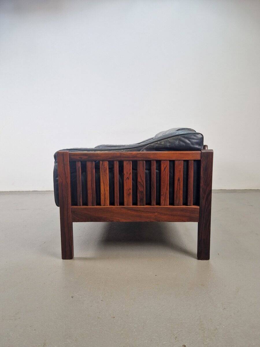 Mid-Century Modern Scandinavian Monte Carlo Sofa in Black Leather and Wood by Ingvar Stockum, 1965