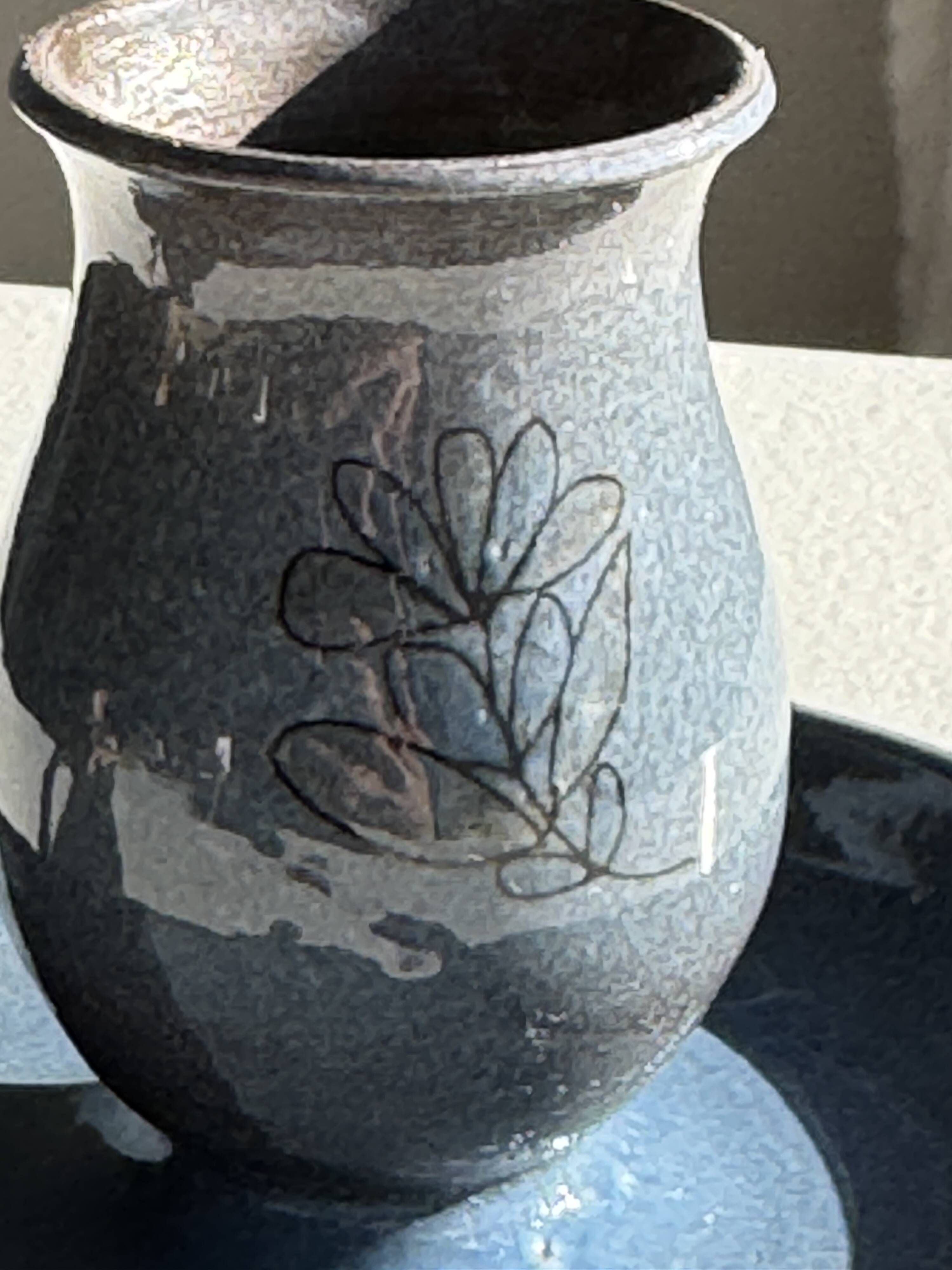 Vintage hand-held candlestick in blue glazed stoneware with floral decoration by Poterie Millian.