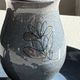 Vintage hand-held candlestick in blue glazed stoneware with floral decoration by Poterie Millian.