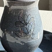 Vintage hand-held candlestick in blue glazed stoneware with floral decoration by Poterie Millian.