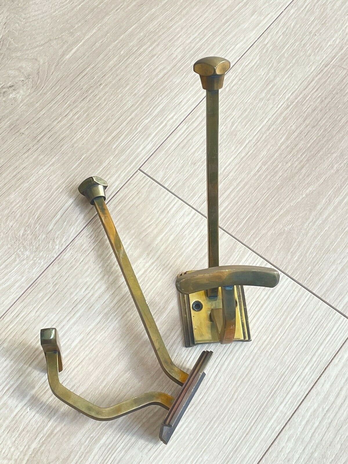 Pair of old brass hook metal gold art deco coat holder
