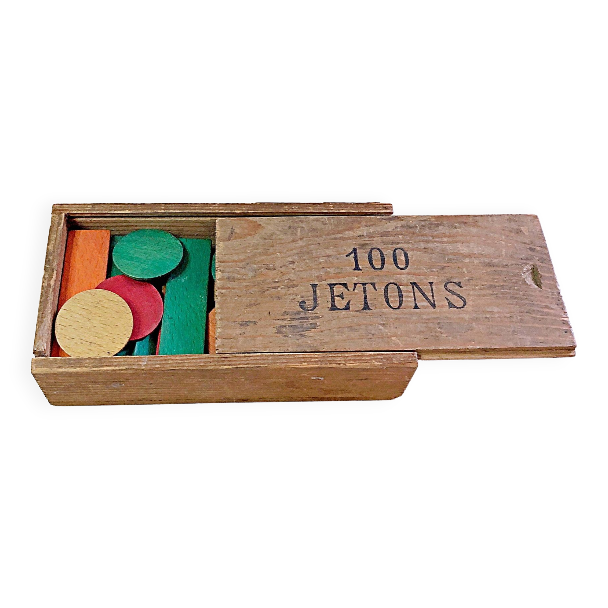 Boîte de 100 jetons en bois complète vintage France