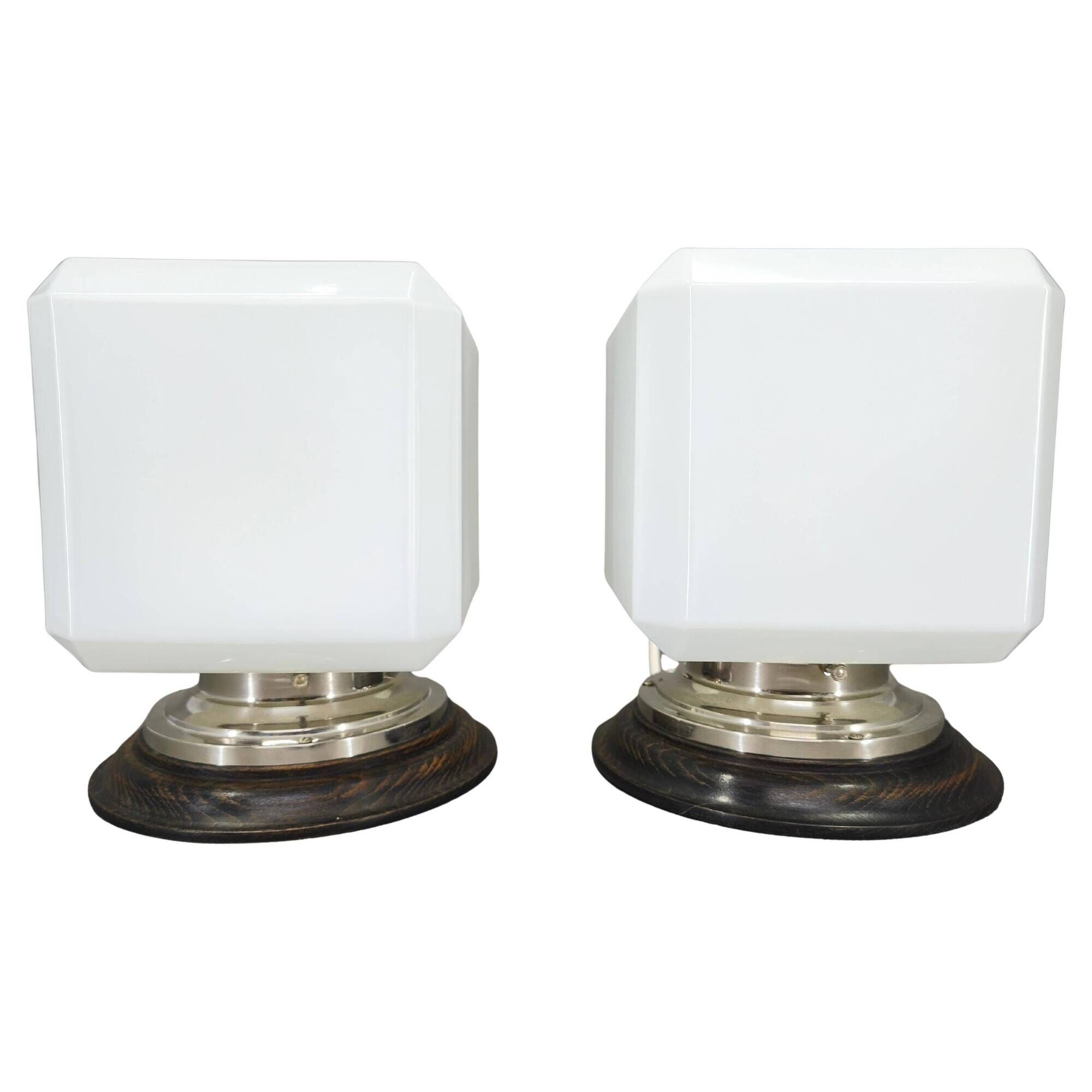 Pair of Art Deco Nickel Wall Lights with Milky Glass, 1930s