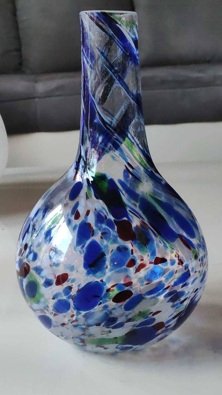 Designer Ball Vase in blown art glass, Murano style. Multi-colored speckles/smoke swirls. Dim 26 x 13 cm