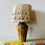 Vintage table lamp in glazed stoneware with macramé lampshade