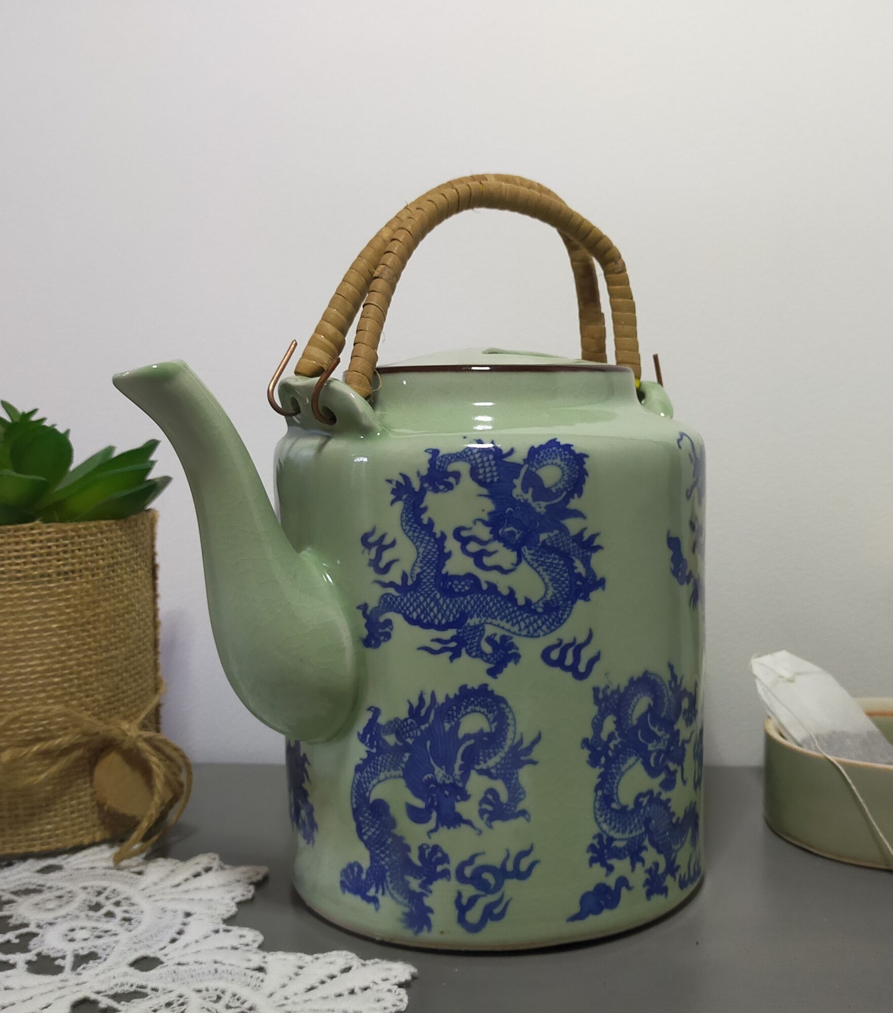 rare green celadon teapot ancient dragons or phoenix decoration with glaze and wicker handles signed /th
