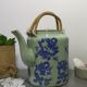 rare green celadon teapot ancient dragons or phoenix decoration with glaze and wicker handles signed /th