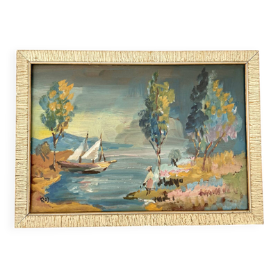 Tableau peinture huile impressionniste paysage marin voilier