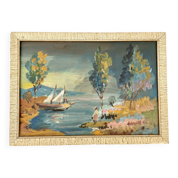 Impressionist oil painting of a seascape with a sailing boat.