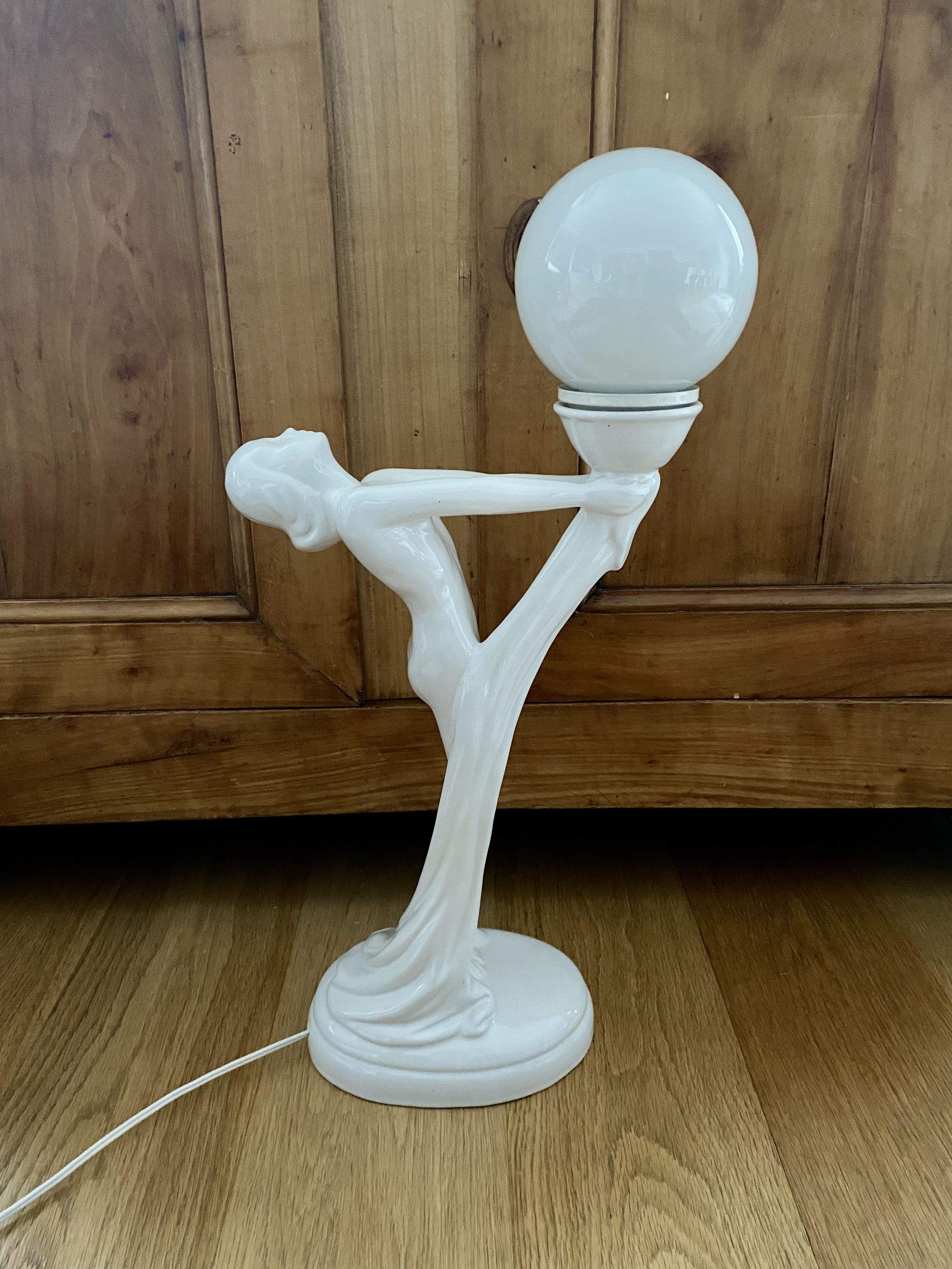 White ceramic lamp and opaline globe woman art deco art nouveau