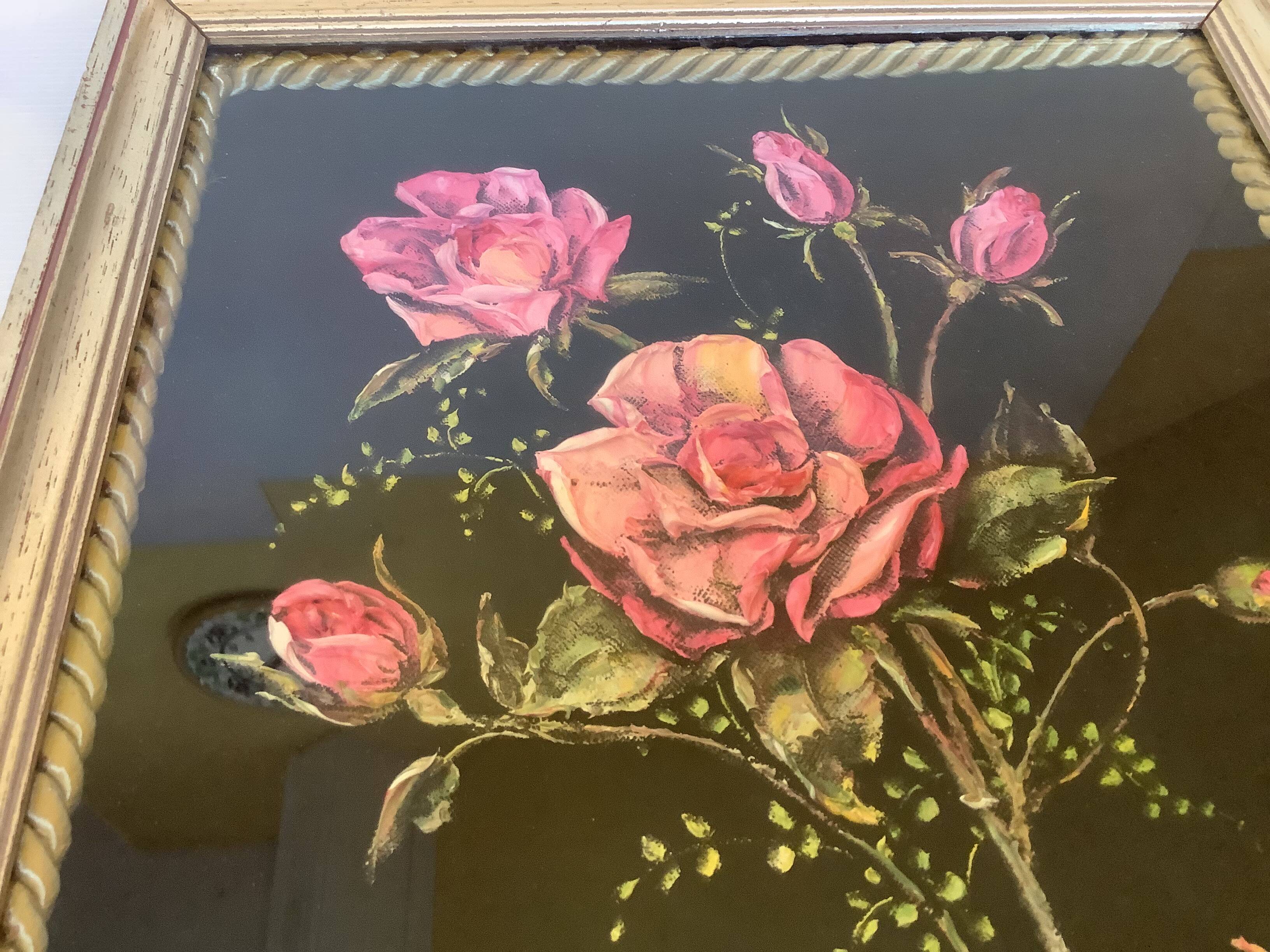 Tableau bouquet de fleurs peint sur velours signée