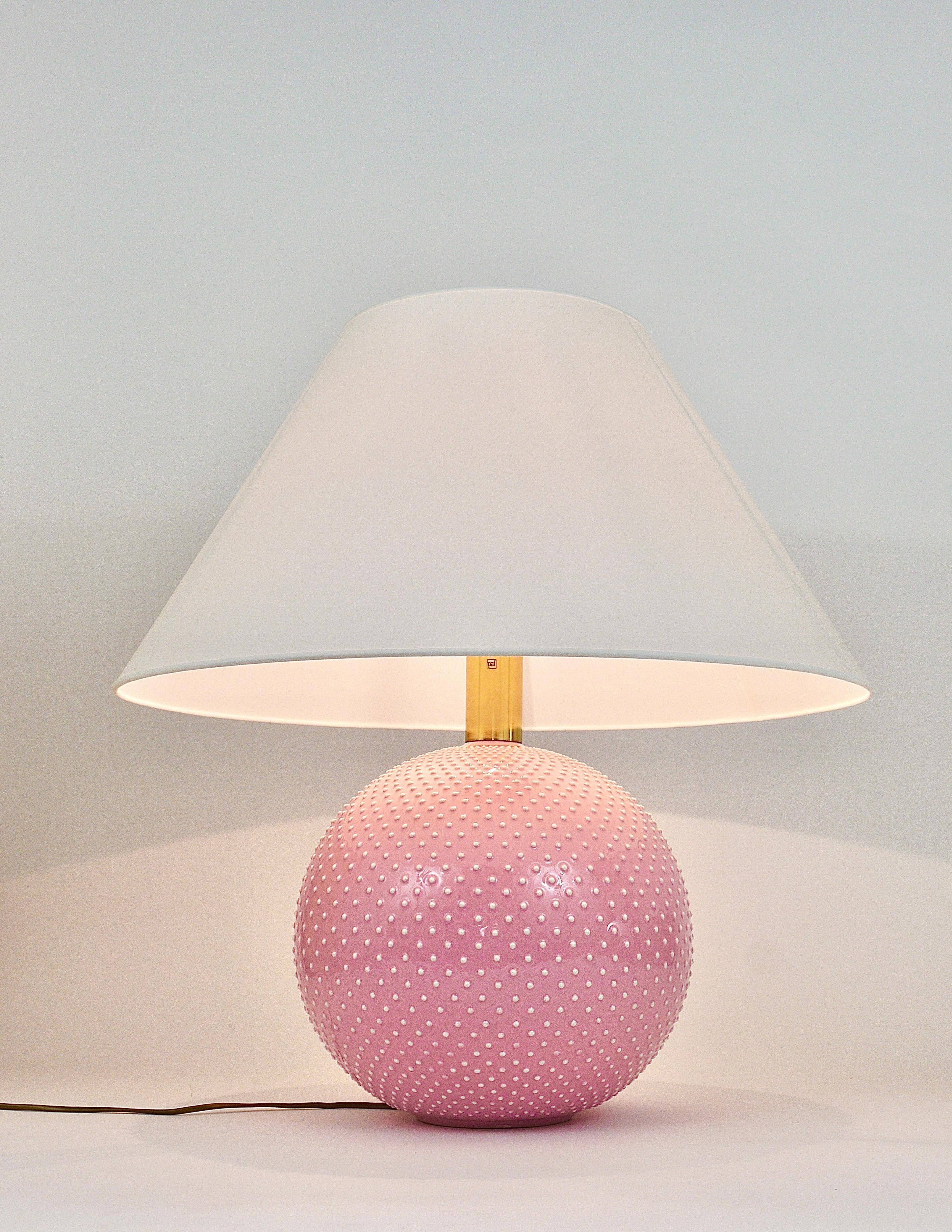 Pastel pink polka dot spherical table lamp, ceramic, brass, Studio Paf Milano, 1970.