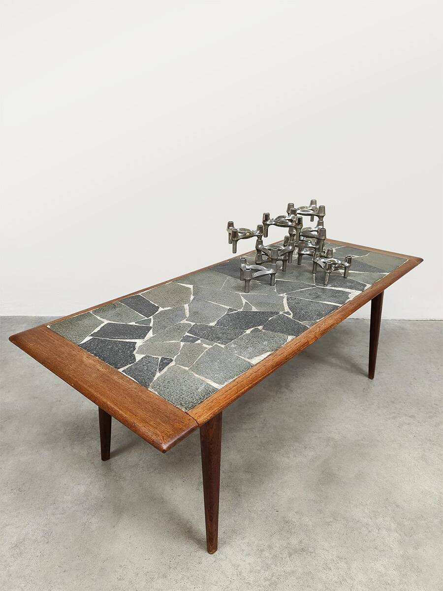 Vintage Danish design teak & slate stone coffee table