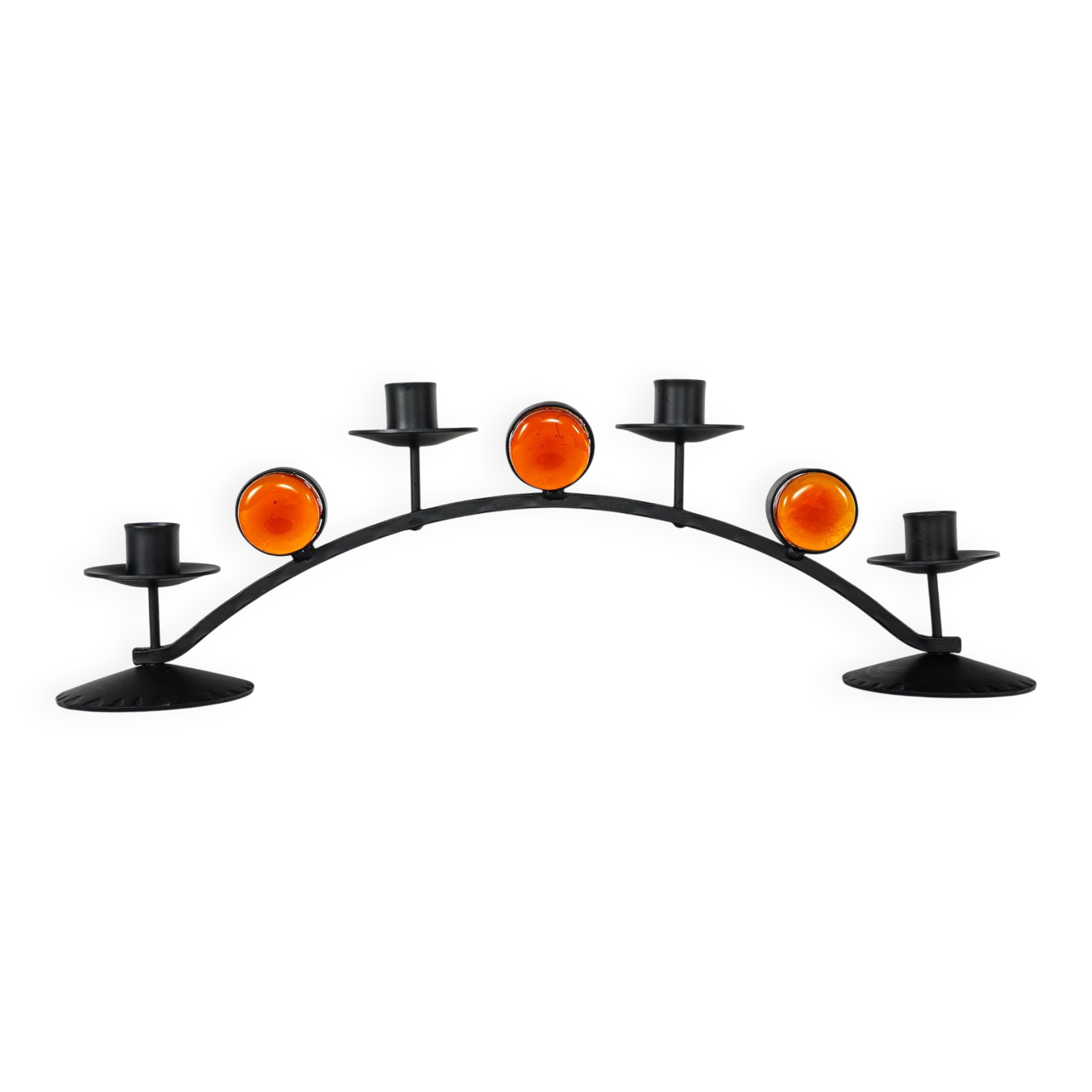 1970s Swedish Wrought Iron Candlestick with Orange Lindshammar Glass