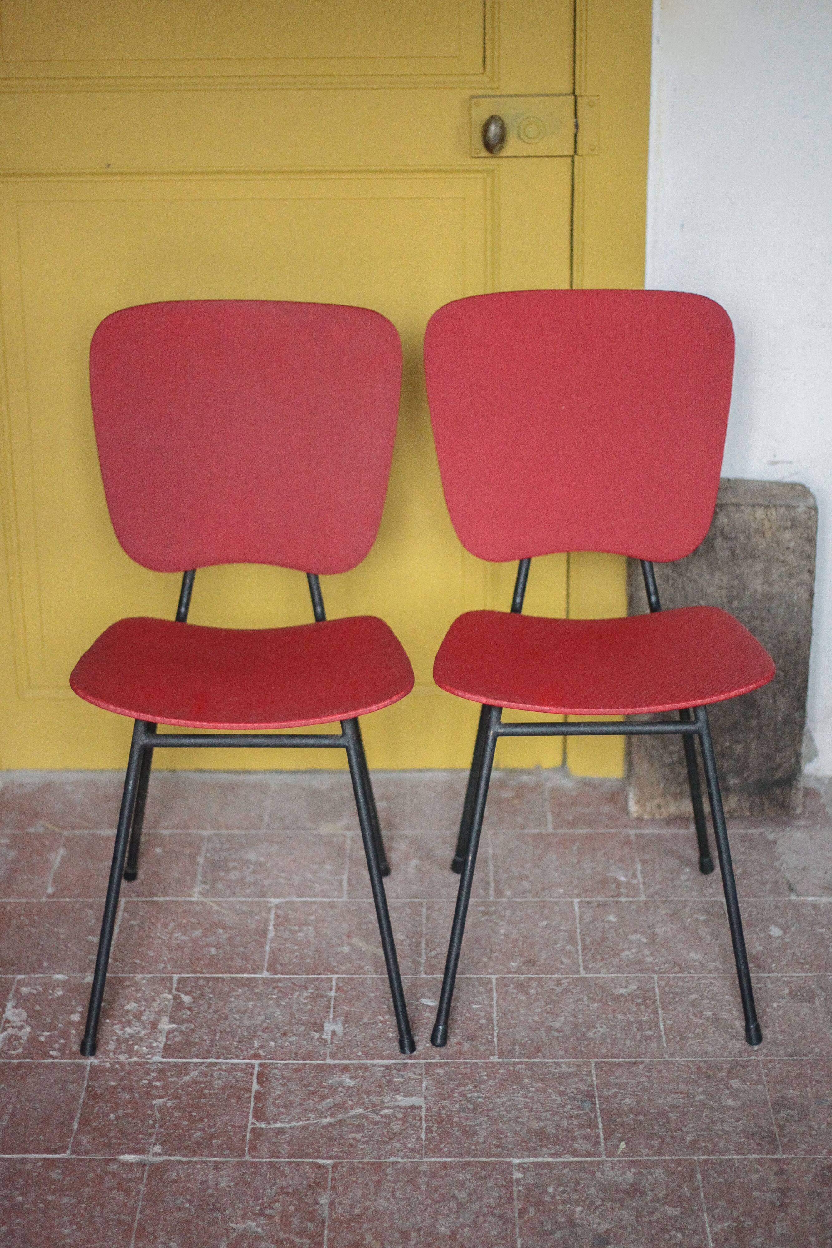 Pair of wooden and faux leather chairs from the 1950s, vintage chairs, retro.