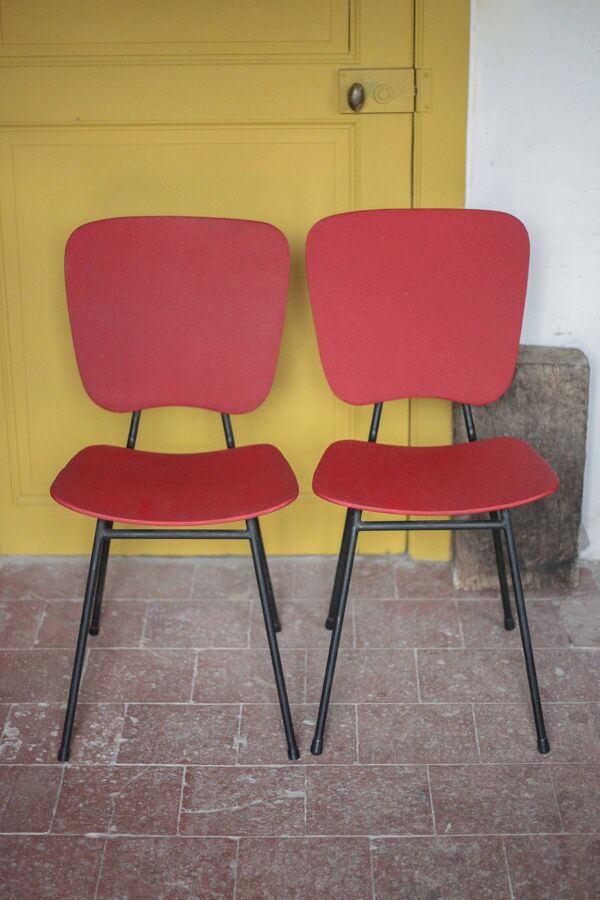 Paire de chaises bois et skaï des années 50, chaises vintage, rétro