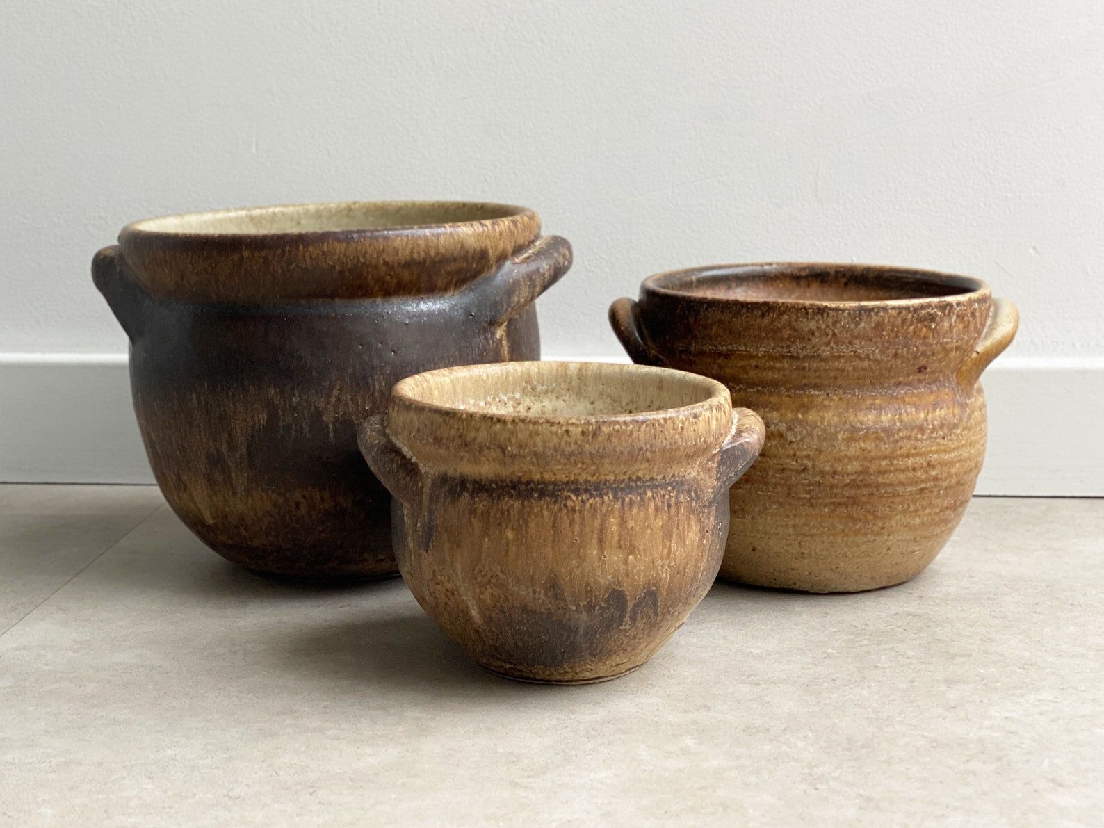 Set of 3 mid century brown ceramic planters