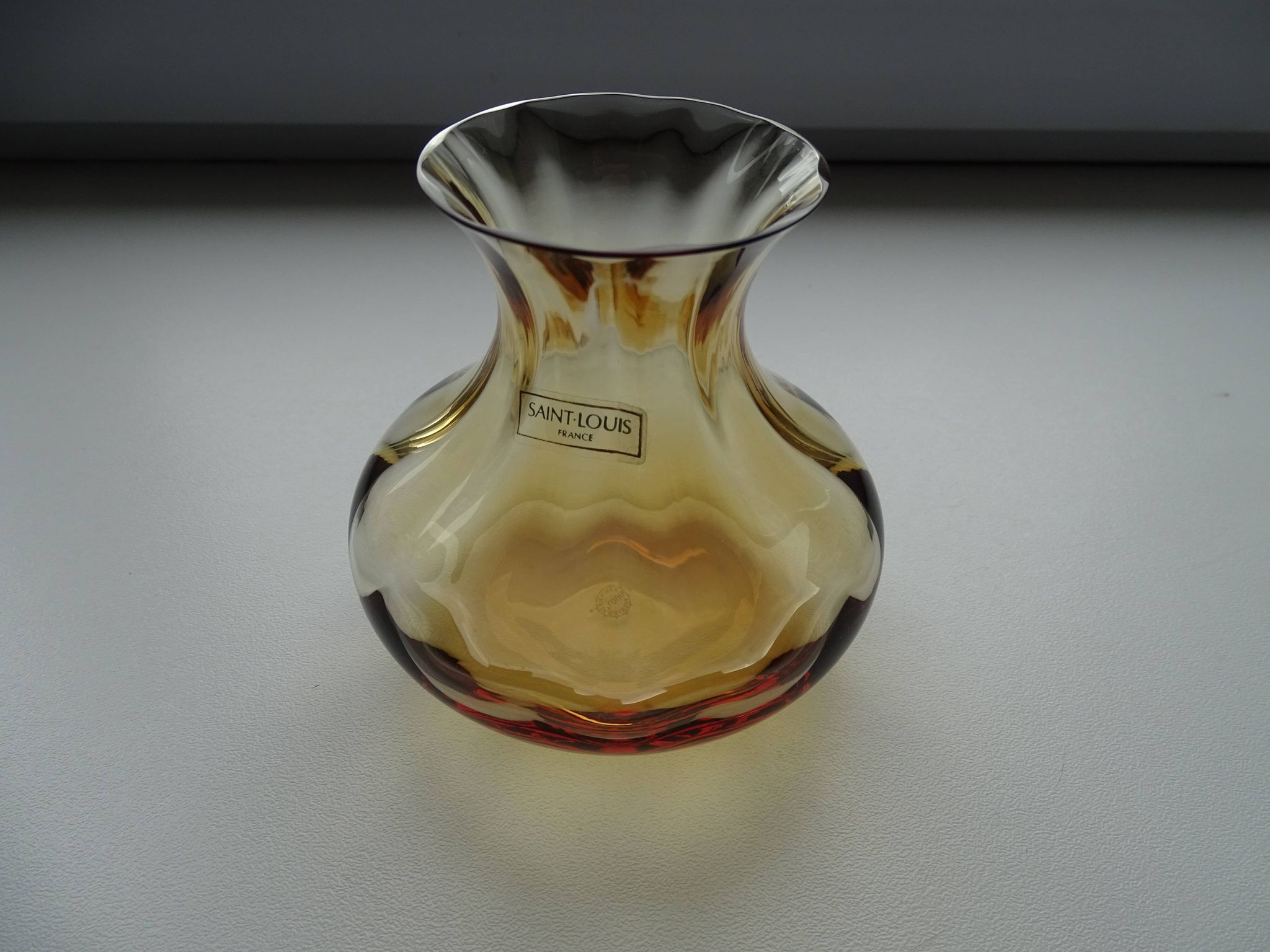Crystal vase Saint Louis venetian amber orange ribs signed