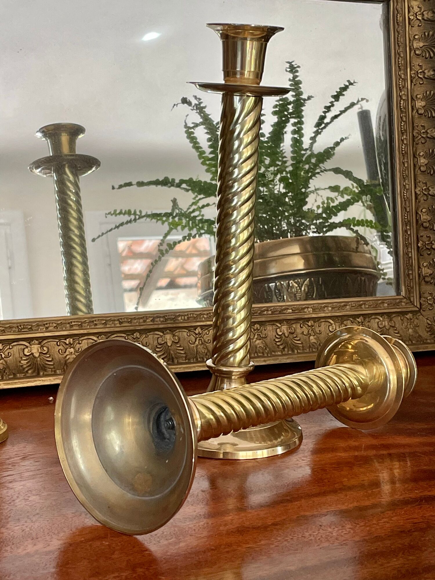 Pair of twisted brass column candle holders