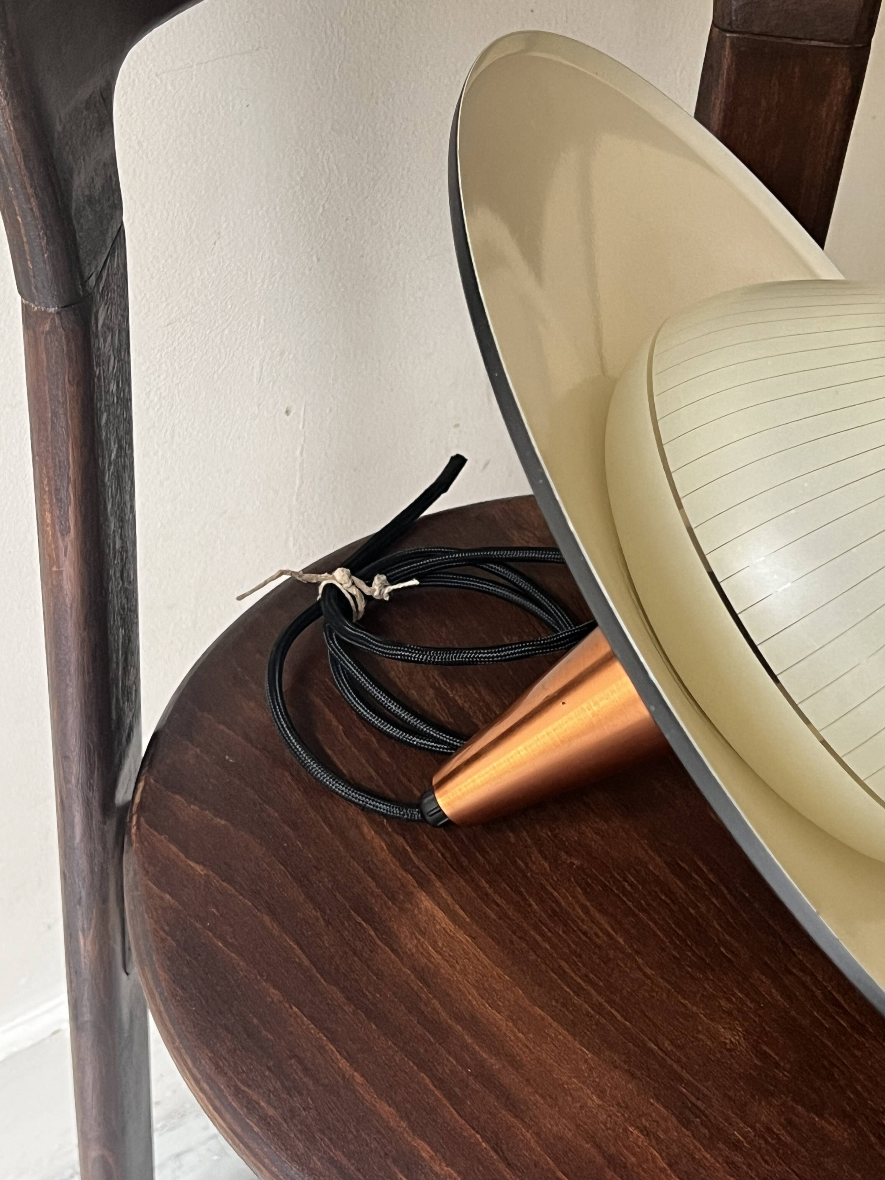 Scandinavian suspension in black metal, copper, and opal glass, 1970s design.