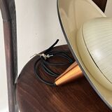 Scandinavian suspension in black metal, copper, and opal glass, 1970s design.