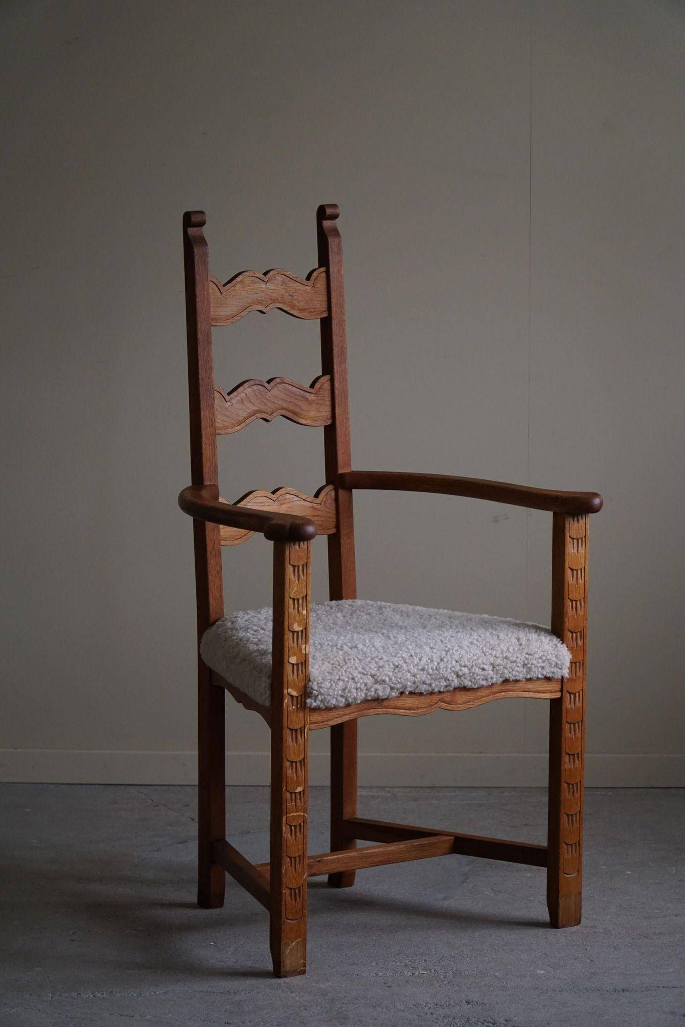 Classic Oak Armchair with Lambswool Upholstery, Mid-Century Danish, 1950s