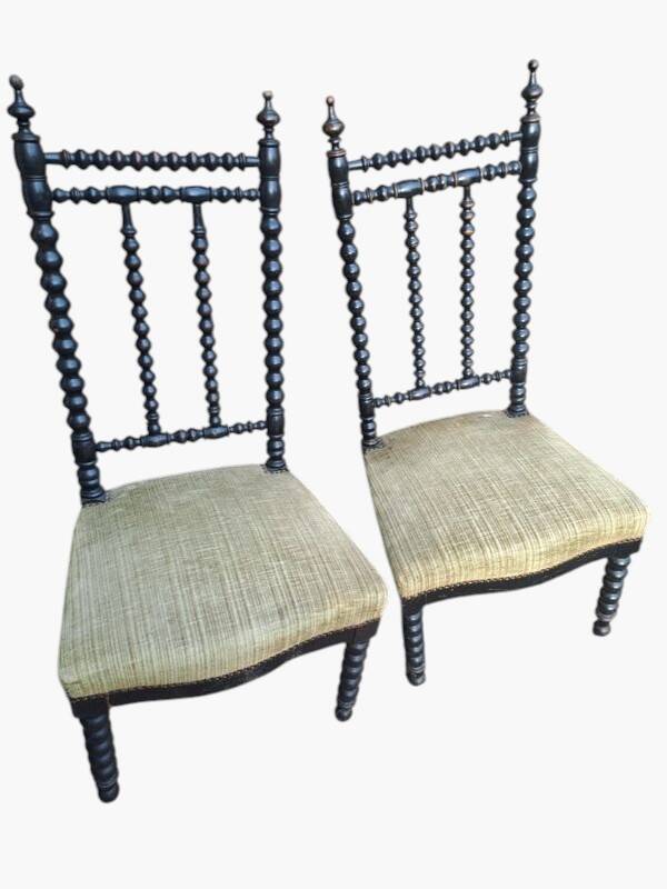 Pair of vintage twisted black wood chairs – Light green fabric seats