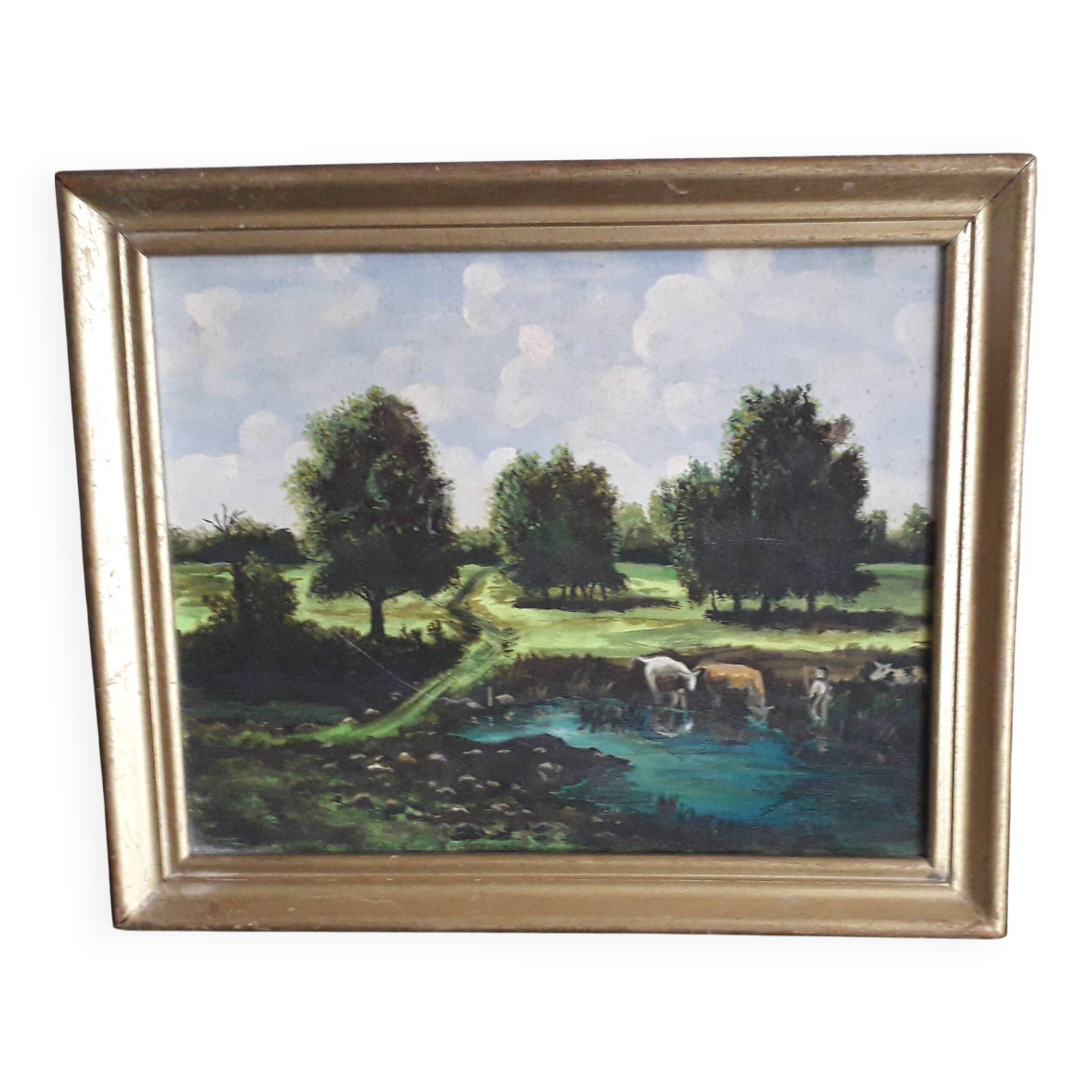 Antique oil painting depicting a countryside landscape