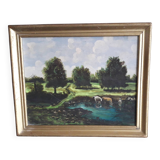 Antique oil painting depicting a countryside landscape