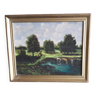 Tableau ancien à l'huile représentant un paysage de campagne