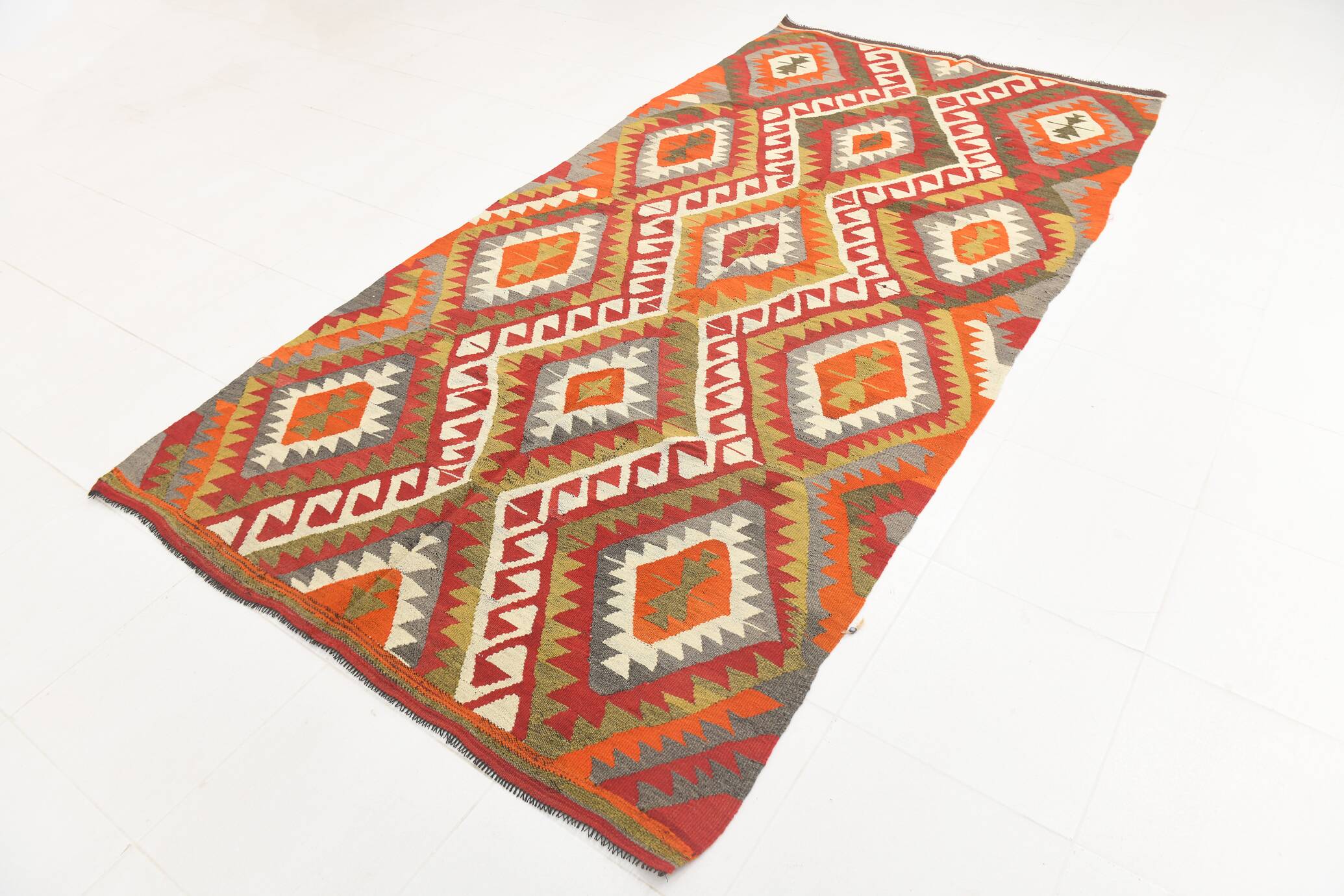 Red & Green Tribal Handmade Turkish Kilim Rug, 163x316Cm