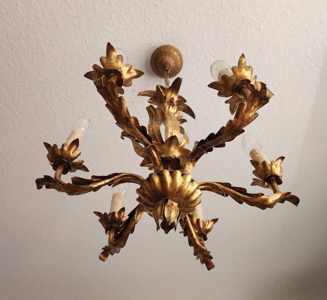 Vintage Hollywood Regency 6 light Chandelier gilded Italy Florence 1950-60