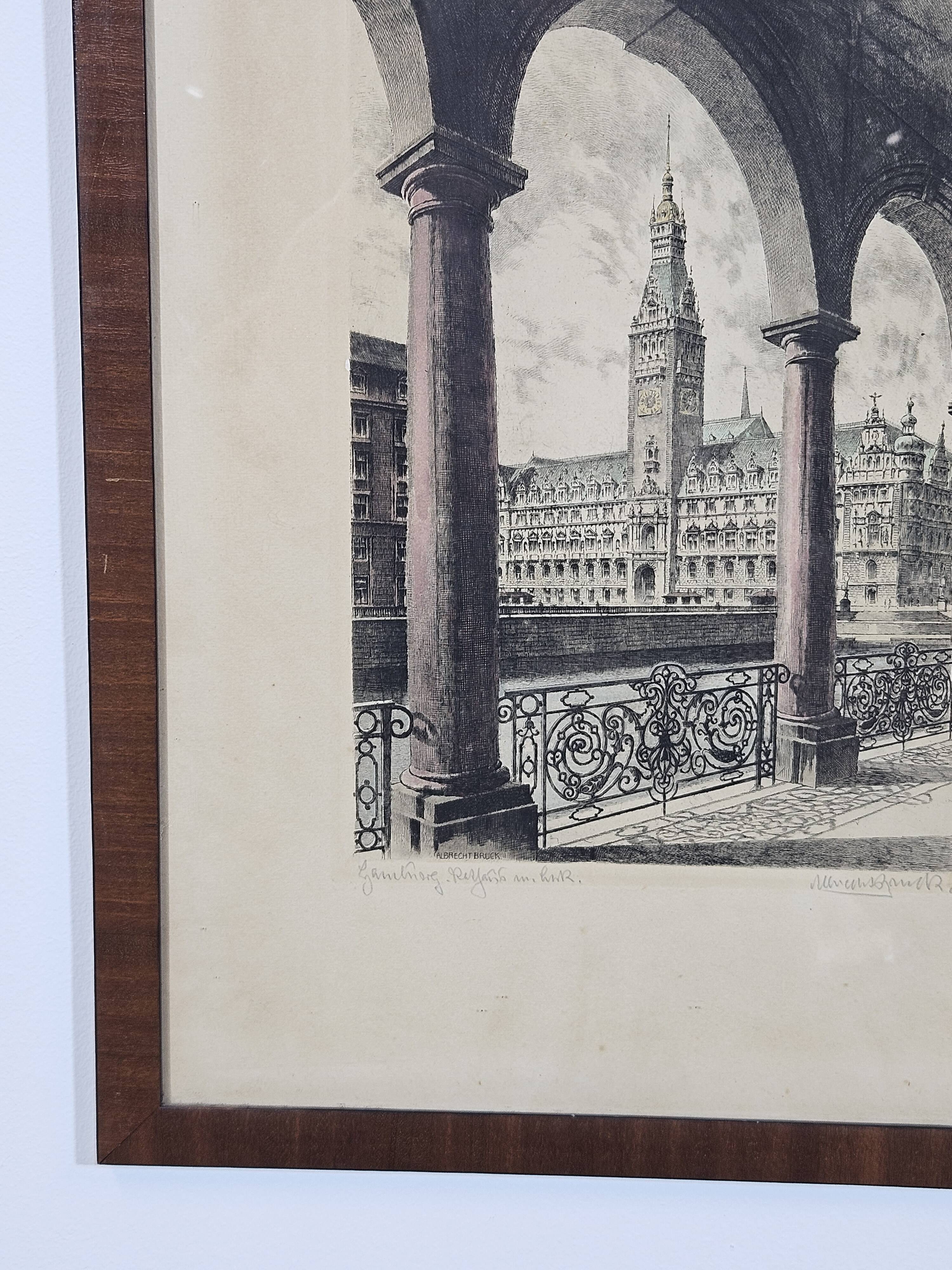 Etching "Town Hall in Hamburg" by Albrecht Bruck