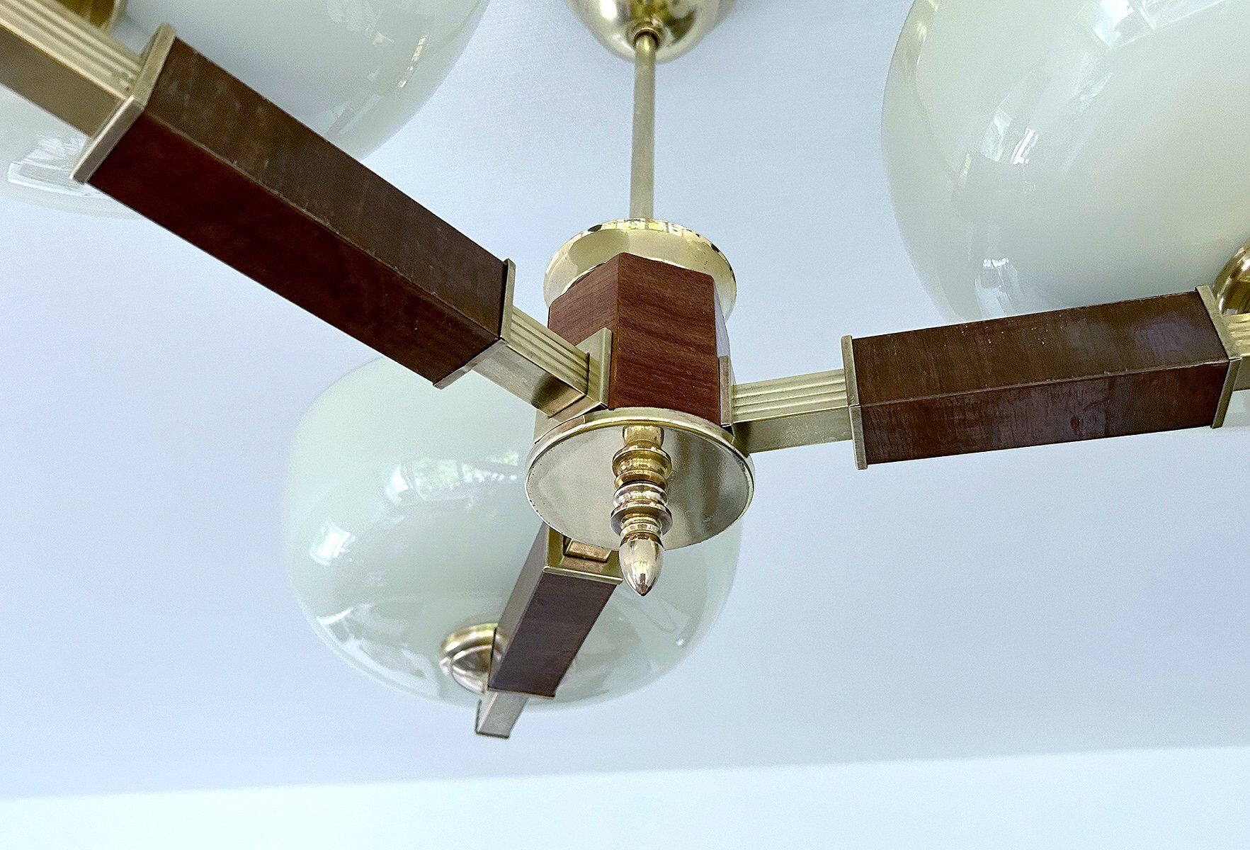 Large Art Deco pendant light in wood and glass, 1930s