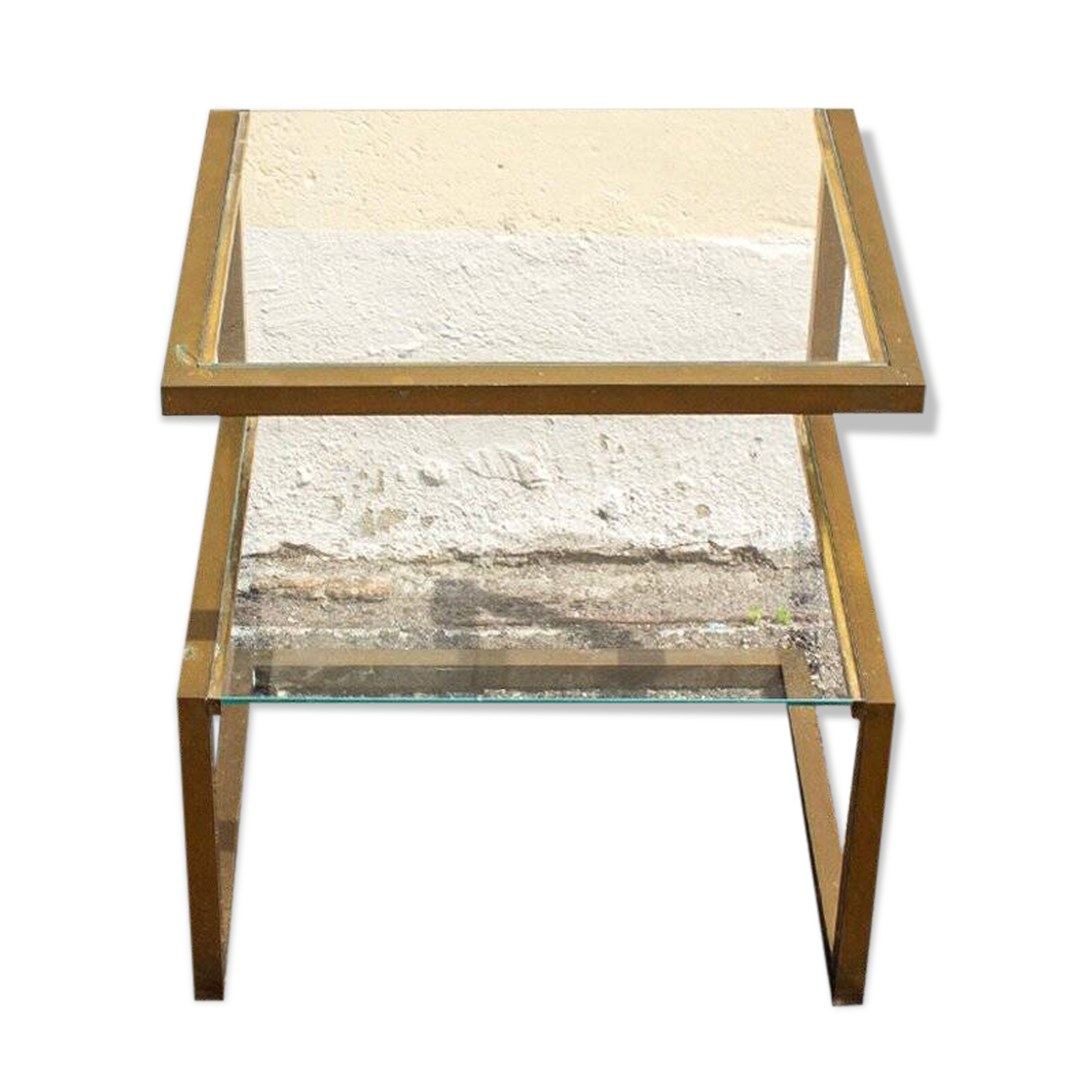 Brass coffee table with double glass shelf, 1970s