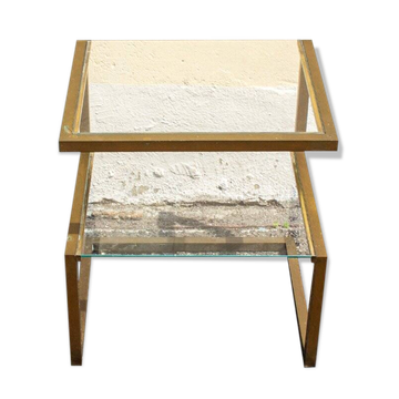 Brass coffee table with double glass shelf, 1970s