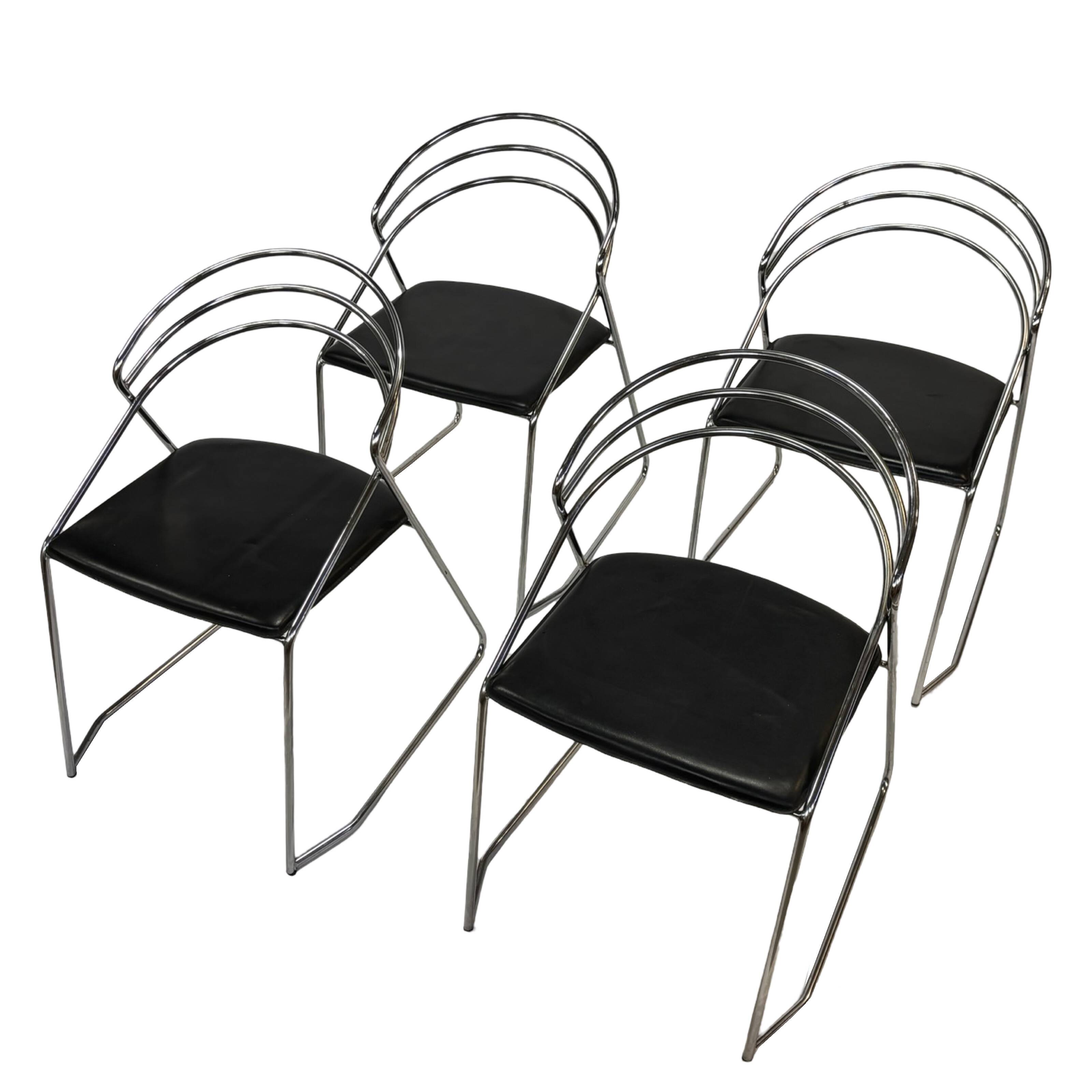 4 chaises minimalistes en fil d'acier chromé, années 80