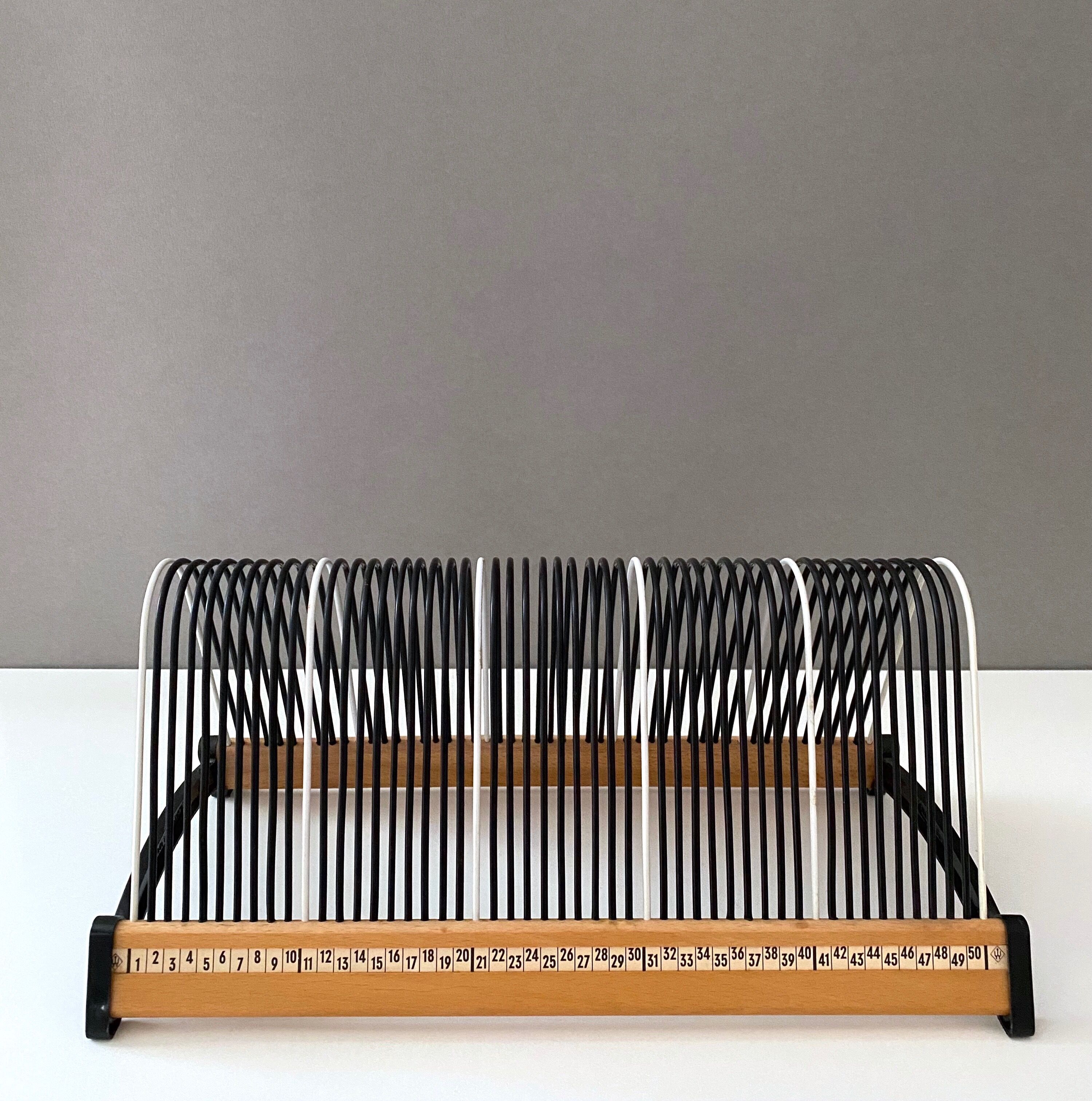 Vintage record stand, vinyl record holder, Plattofix Germany, black white, 50 records
