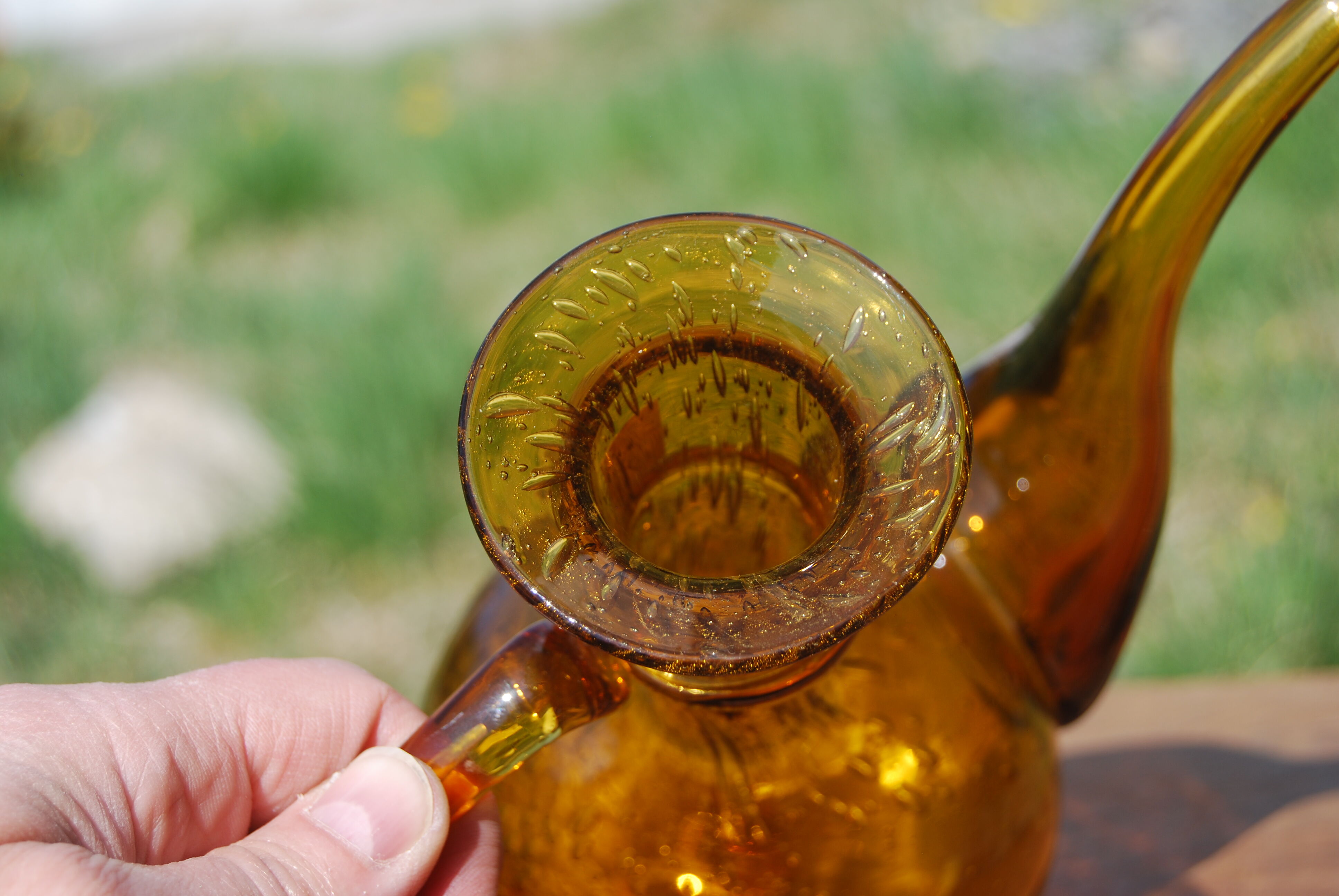 Pourer, Biot amber bubbled glass carafe.