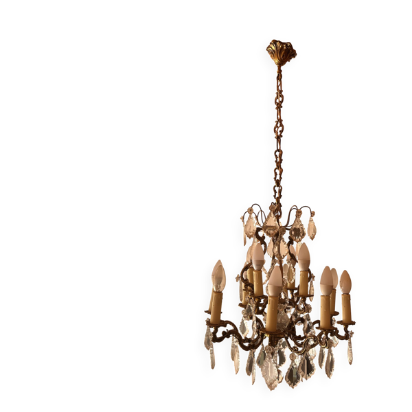 Lustre cage style Louis XV en bronze et cristal - 12 feux