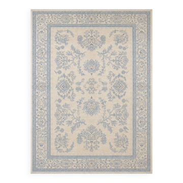 Tapis en laine noué à la main bleu clair, grand modèle floral crème, tapis Zeigler pour intérieur.