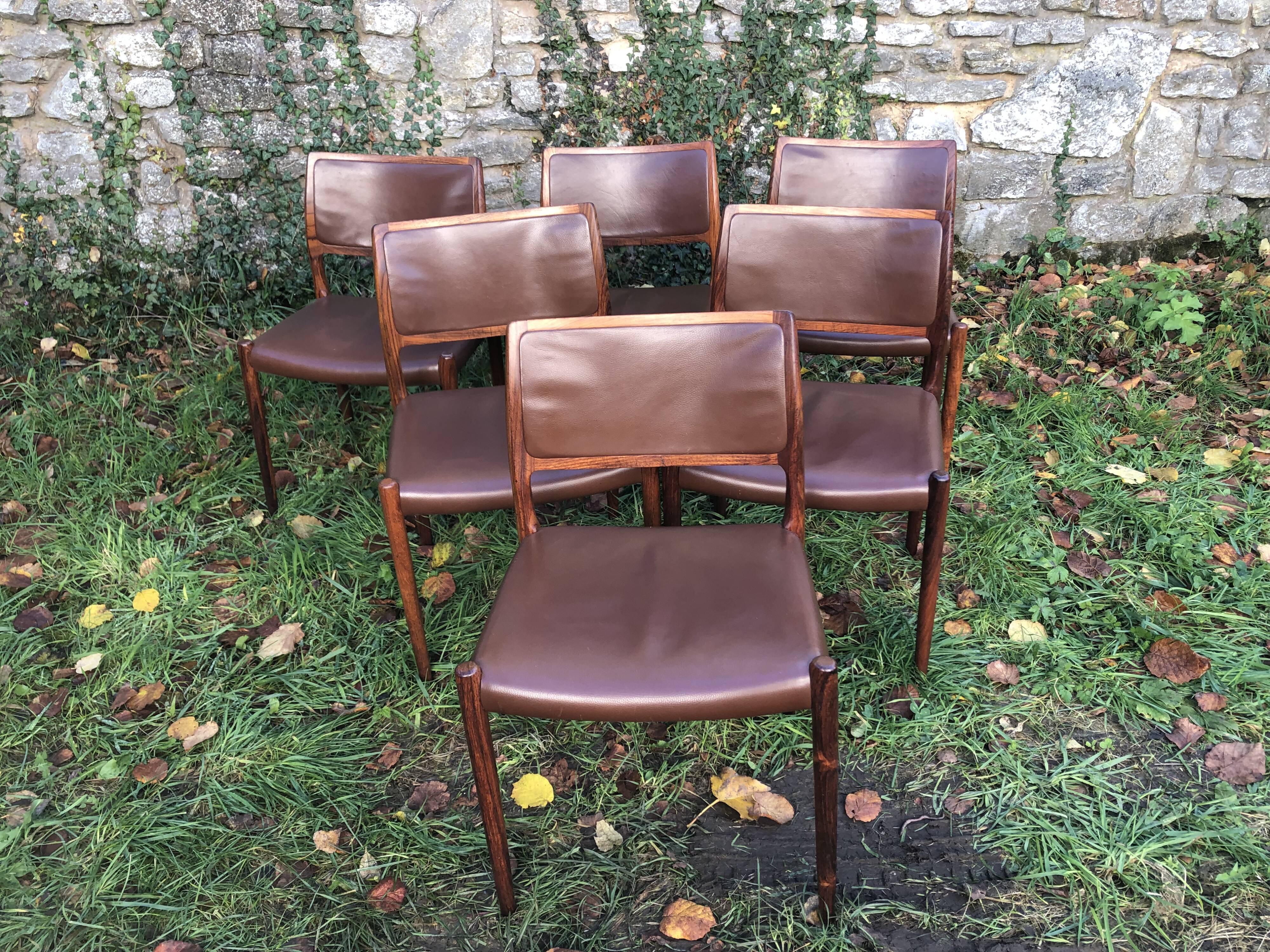 Chairs Niels Otto Møller model 80 brown leather and rosewood 60s