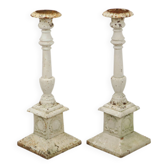 Pair of Antique White Candlesticks XL Cast Iron France 19th Century 71cm