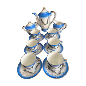 Service à thé ou à café bleu et blanc porcelaine Dragon Japon  1393