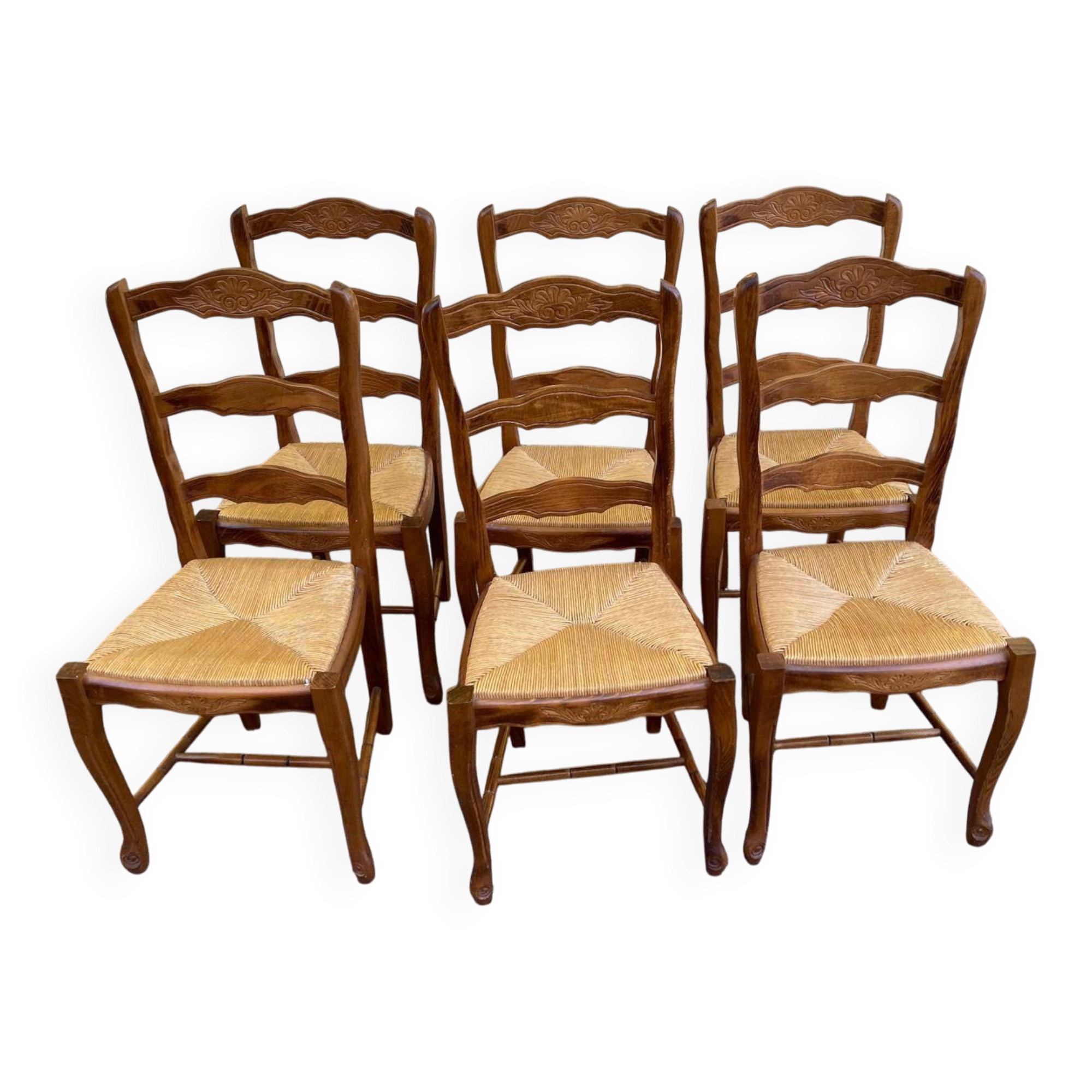 Set of 6 Provençal Louis XV chairs in solid oak with straw seats 198