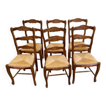 Set of 6 Provençal Louis XV chairs in solid oak with straw seats 198