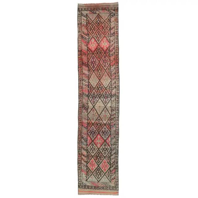 Vintage Turkish Oushak Handmade Wool Cotton Pink Runner Rug 78x376